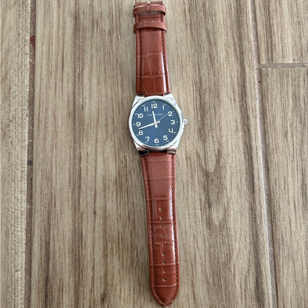 Brown Leather Strap Watch With Blue Dial